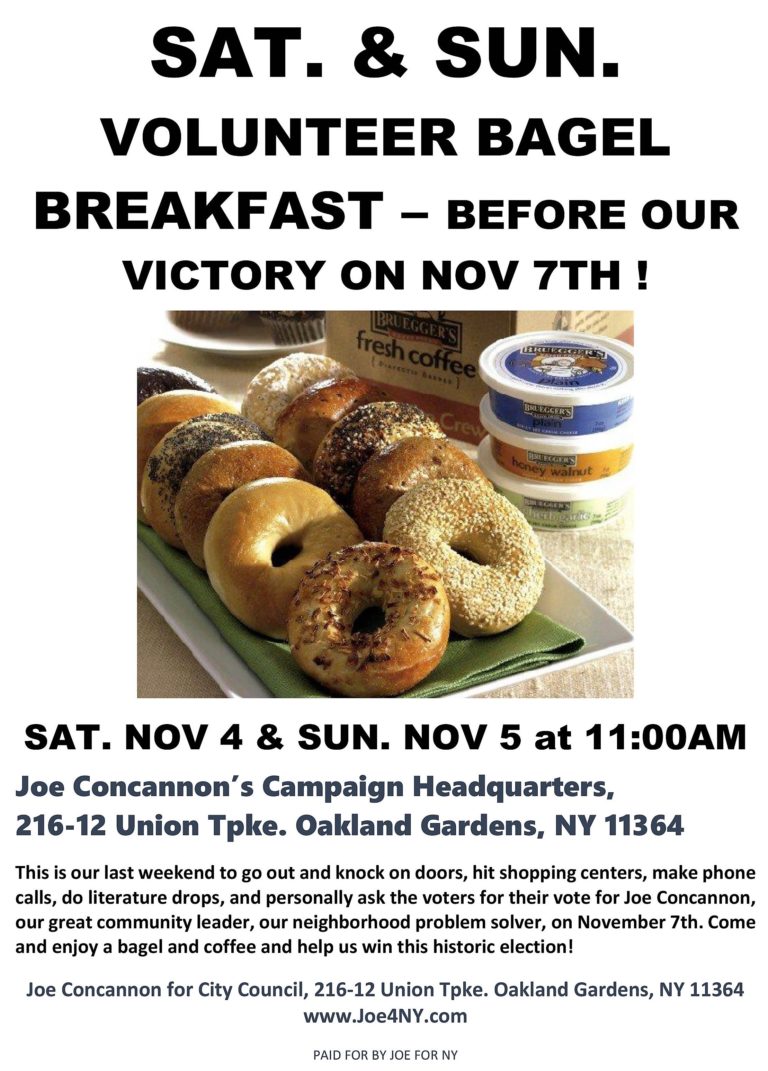 SAT & SUN VOLUNTEER BAGEL BREAKFAST The Queens Village Republican